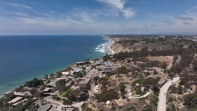 Aerial view of the cliffs, the surf and the ocean at Black’s Beach.