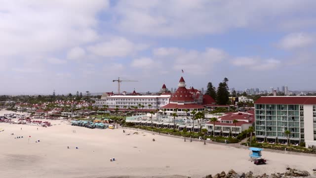 Low aerial view of the beach, the skyline and palm trees at Coronado Beach.