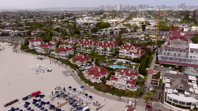 Aerial view of the beach, the skyline and palm trees at Coronado Beach, with people walking.