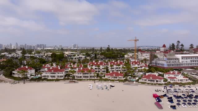 Aerial view of the beach, the bridge and the skyline at Coronado Beach.