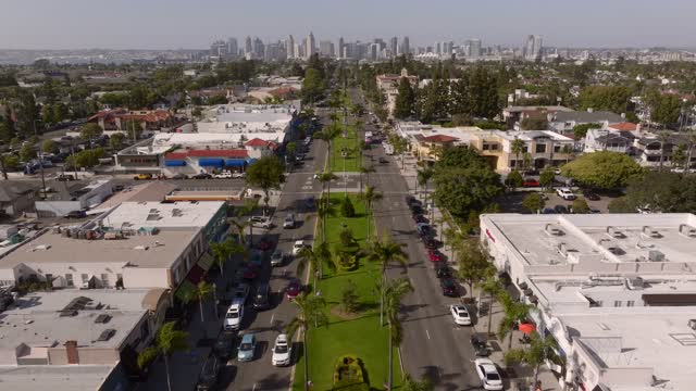 Aerial view of the downtown streets, the skyline and palm trees in Coronado.