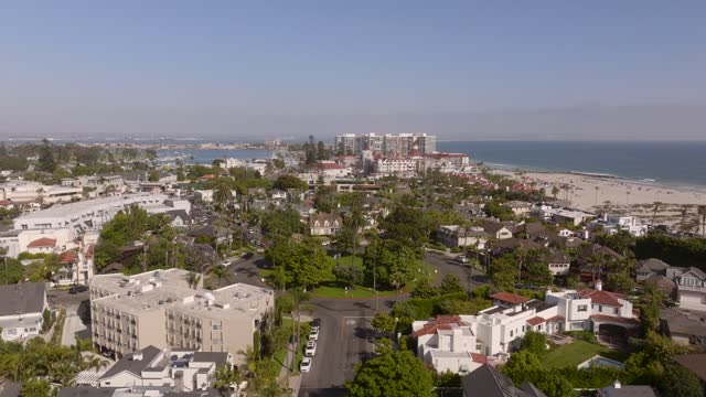Aerial view of a residential street, palm trees and the ocean at Coronado Beach.