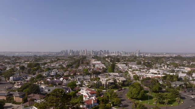 Aerial view of a residential street, the skyline and palm trees at Coronado Beach.