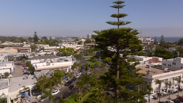 Low aerial view of the downtown streets, palm trees and the ocean in Coronado.