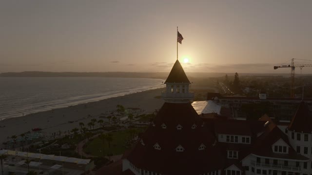 Low aerial view of the beach, palm trees and the ocean at Coronado Beach.