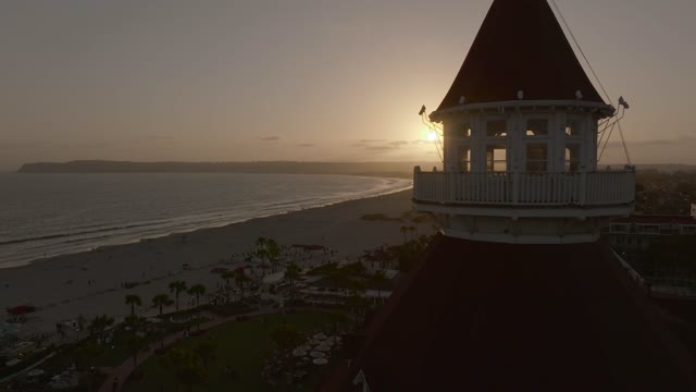 Low aerial view of the beach, palm trees and the ocean at Coronado Beach, with people walking.