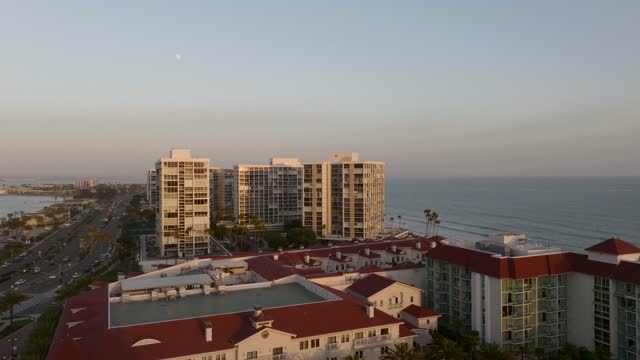 Low aerial view of the beach, palm trees and the ocean at Coronado Beach.
