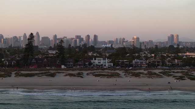 Low aerial view of the beach, the skyline and palm trees at Coronado Beach, with people walking.