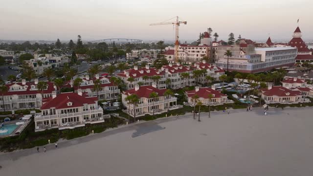 Low aerial view of the beach, palm trees and the ocean at Coronado Beach, with people walking.