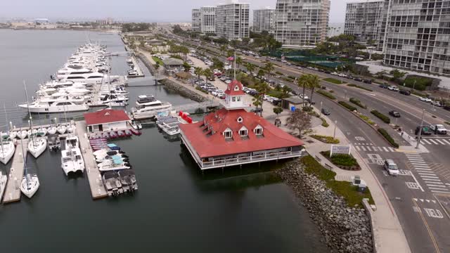 Low aerial view of the harbor, boats and palm trees at Coronado Beach, with boats out.