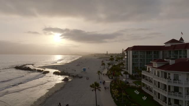 Low aerial view of the beach, palm trees and the ocean at Coronado Beach, with people walking.