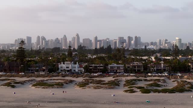 Low aerial view of the beach, the skyline and palm trees at Coronado Beach, with people walking.
