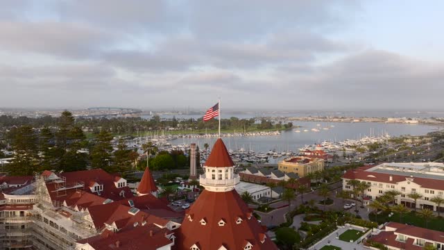 Low aerial view of the harbor, boats and palm trees at Coronado Beach.