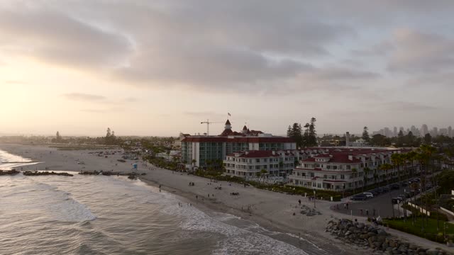 Aerial view of the beach, the surf and palm trees at Coronado Beach, with people walking.