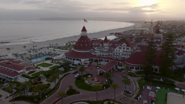 Aerial view of the beach, palm trees and the ocean at Coronado Beach.