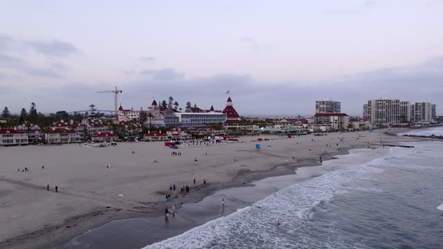 Low aerial view of the beach, the surf and palm trees at Coronado Beach, with people walking.