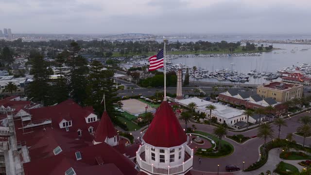 Low aerial view of the harbor, boats and palm trees at Coronado Beach.
