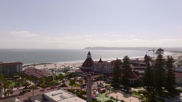 Low aerial view of the beach, palm trees and the ocean at Coronado Beach.