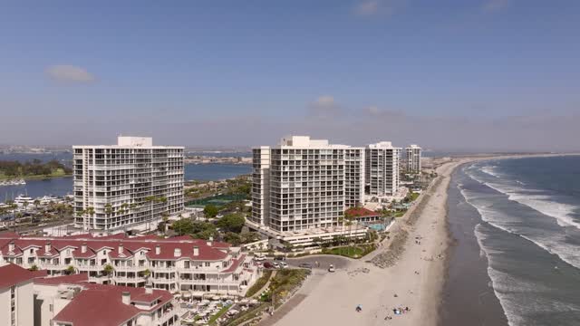 Aerial view of the beach, palm trees and the ocean at Coronado Beach, with people walking.