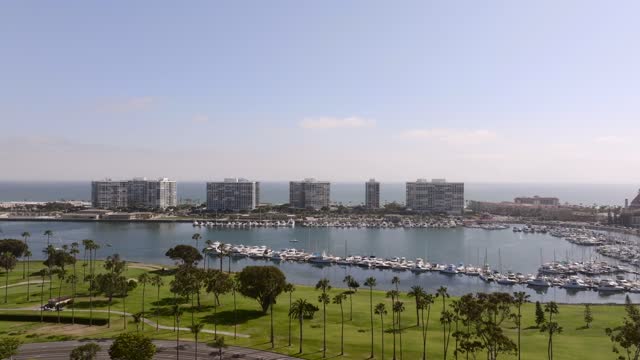 Aerial view of the harbor, boats and palm trees at Glorietta Bay, with boats out.