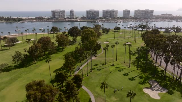 Aerial view of a park, boats and palm trees at Glorietta Bay, with people walking.