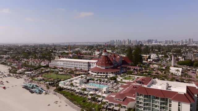 Aerial view of the beach, the skyline and palm trees at Coronado Beach.