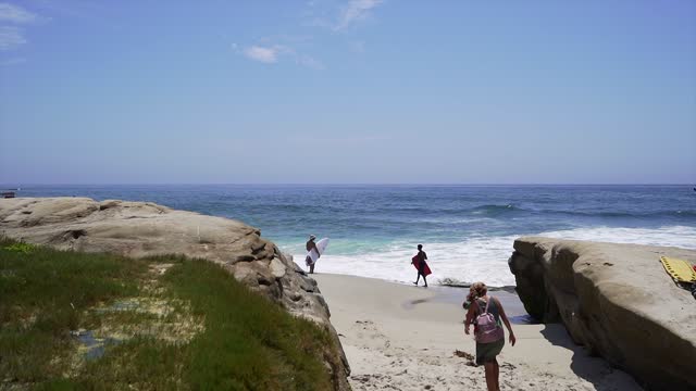 The beach, the surf and the ocean at Windansea, with surfers out.