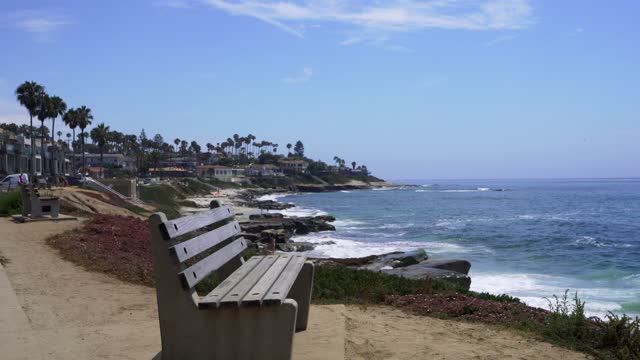 The cliffs, the surf and palm trees at Windansea, with people walking.