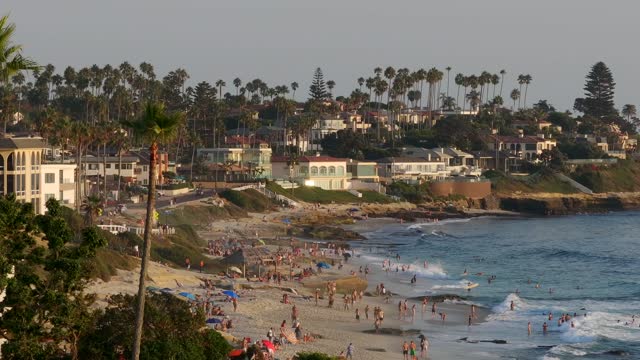 Elevated view of the beach, the surf and palm trees at Beach Barber Tract, with people walking.