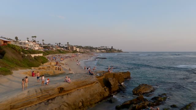 Low aerial view of the beach, palm trees and the ocean at Beach Barber Tract, with people walking.