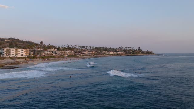 Low aerial view of the beach, the surf and palm trees at Beach Barber Tract, with surfers out.