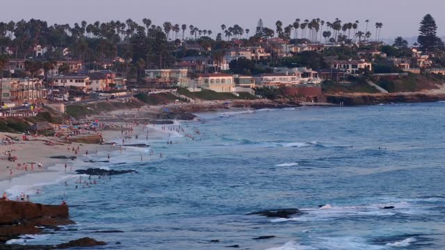 Aerial view of the beach, the surf and palm trees at Beach Barber Tract, with people walking.