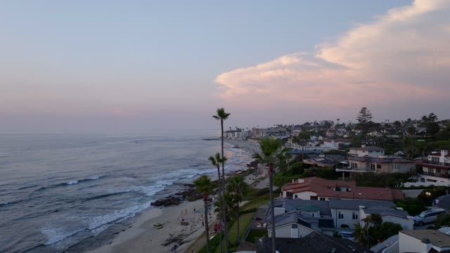 Low aerial view of the beach, the surf and palm trees at Beach Barber Tract, with people walking.