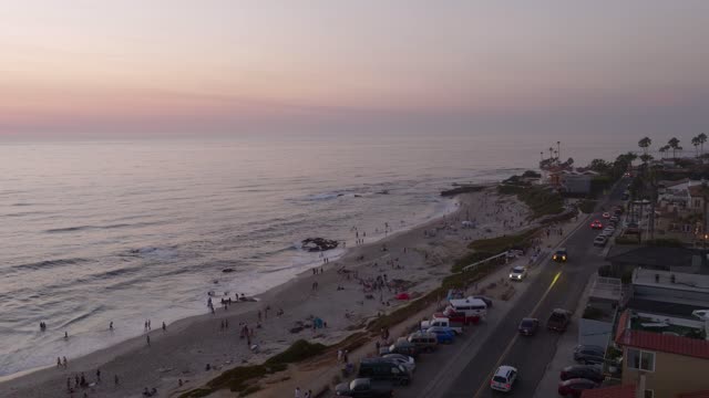 Low aerial view of the beach, the surf and palm trees at Beach Barber Tract, with a crowd gathered.