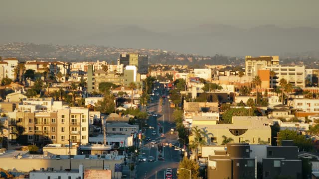 Aerial view of a residential street, homes and the buildings in North Park.