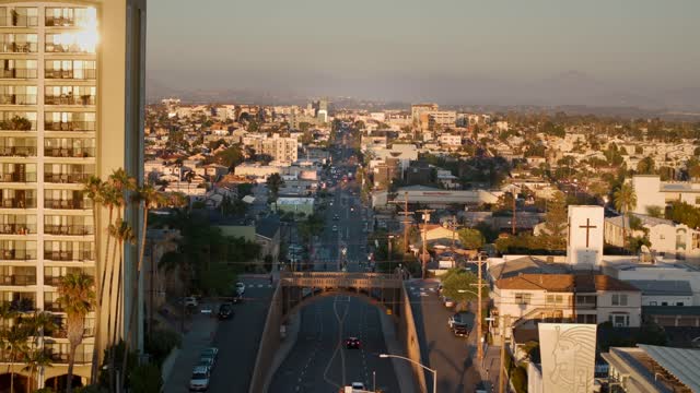 Low aerial view of a residential street, the bridge and palm trees in North Park.