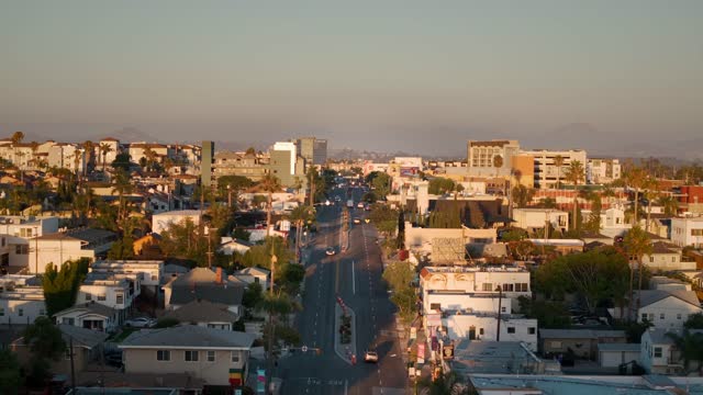 Low aerial view of a residential street, palm trees and homes in North Park.
