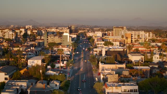 Low aerial view of the downtown streets, palm trees and homes in North Park.