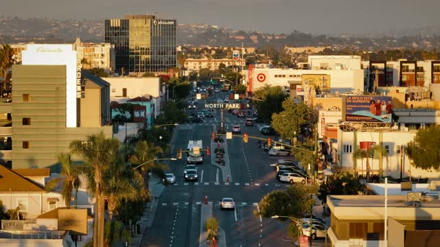 Low aerial view of the downtown streets, palm trees and the buildings in North Park, with people walking.
