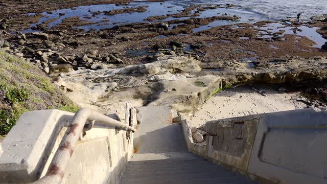 Elevated view of the cliffs, the ocean and the beach at Bird Rock.