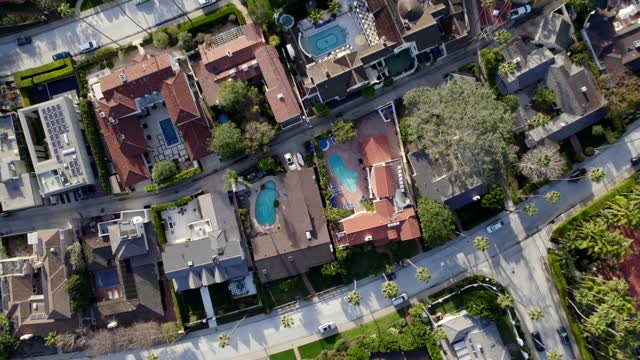 Aerial view of a residential street, homes and the buildings at Bird Rock.