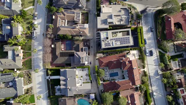 Aerial view of a residential street, palm trees and homes at Bird Rock.