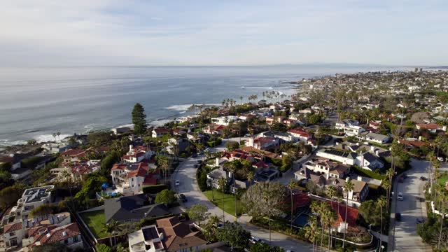 Aerial view of a residential street, the surf and palm trees at Bird Rock.