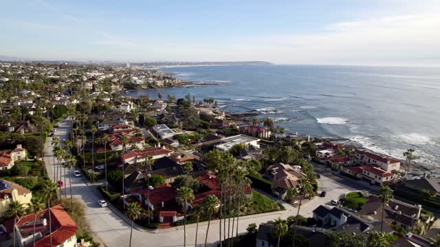 Aerial view of a residential street, palm trees and the ocean at Bird Rock.
