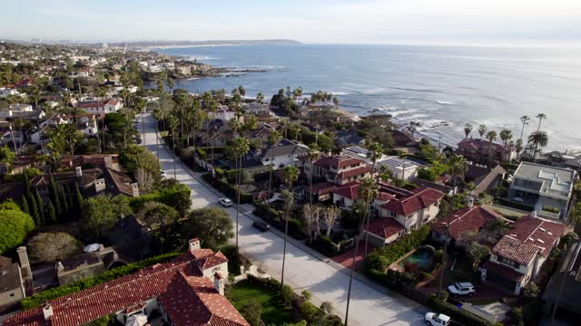 Aerial view of a residential street, palm trees and the ocean at Bird Rock.