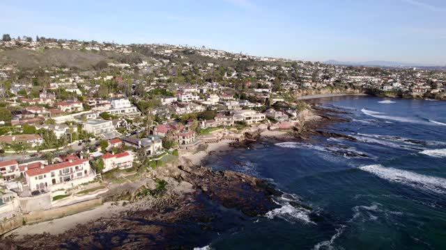 Aerial view of the cliffs, the ocean and homes at Bird Rock.