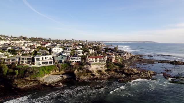 Aerial view of the cliffs, palm trees and the ocean at Bird Rock.