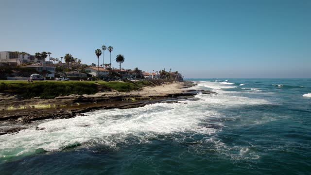 Low aerial view of the cliffs, the surf and palm trees at La Jolla Cove.