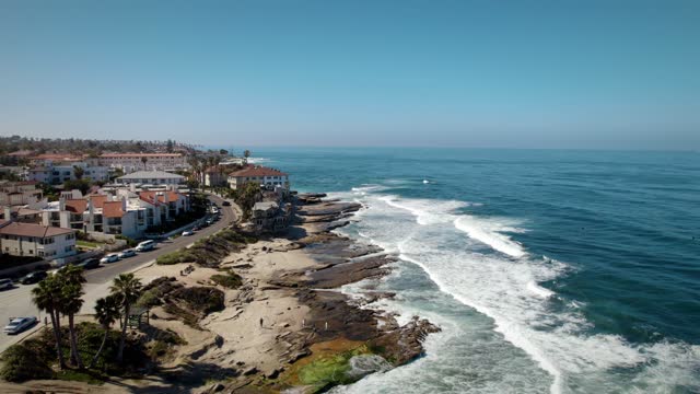 Aerial view of the cliffs, the surf and palm trees at La Jolla Cove.