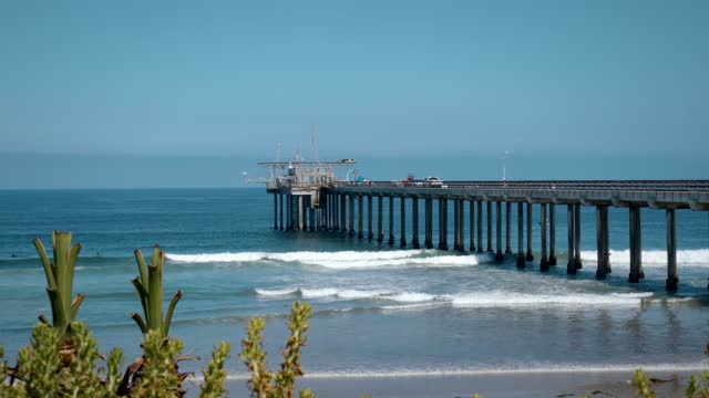 The beach, the surf and the pier at La Jolla Shores.